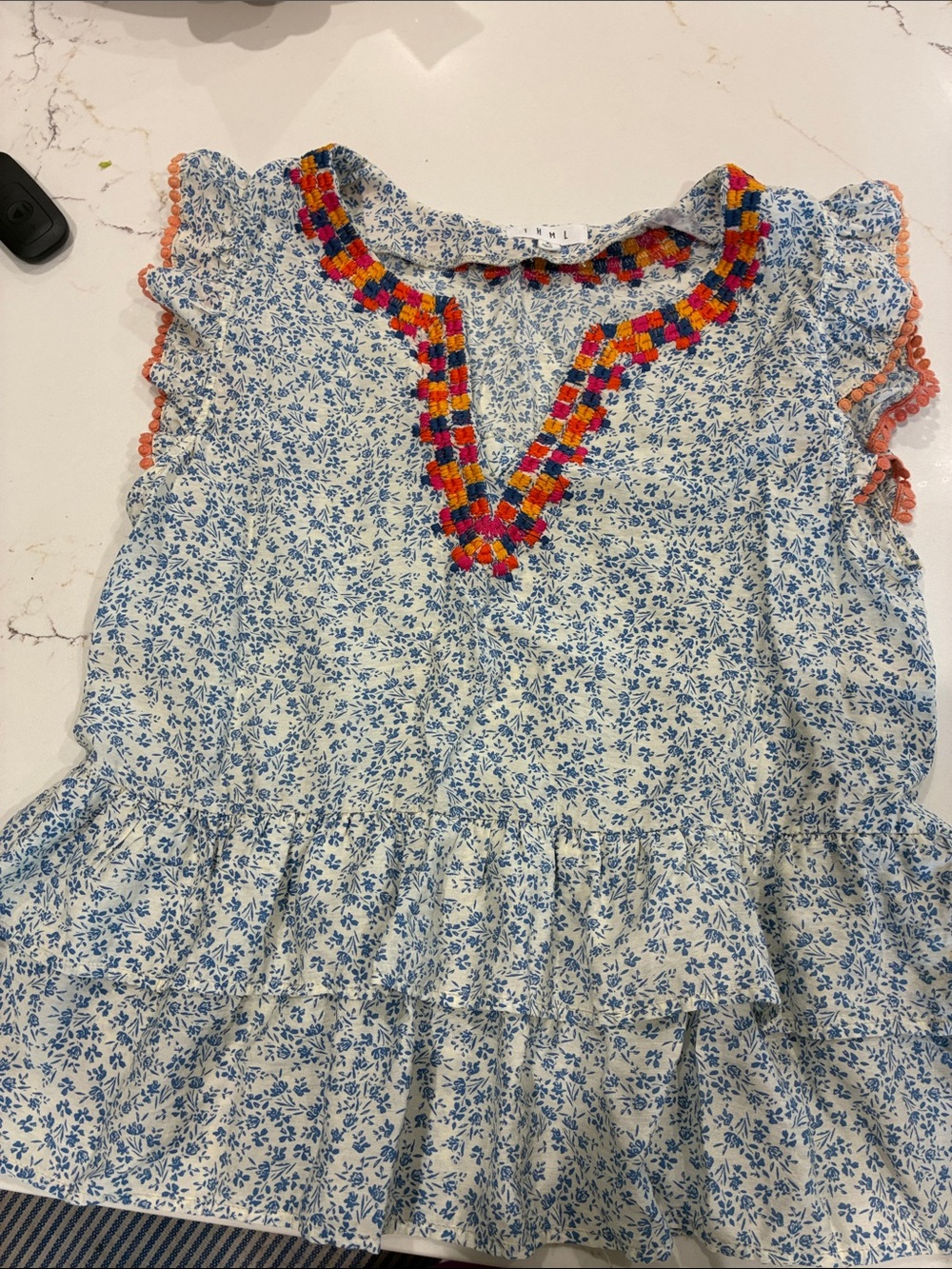 THML Blue Floral Peplum Top with Multicolor Smocked Neckline